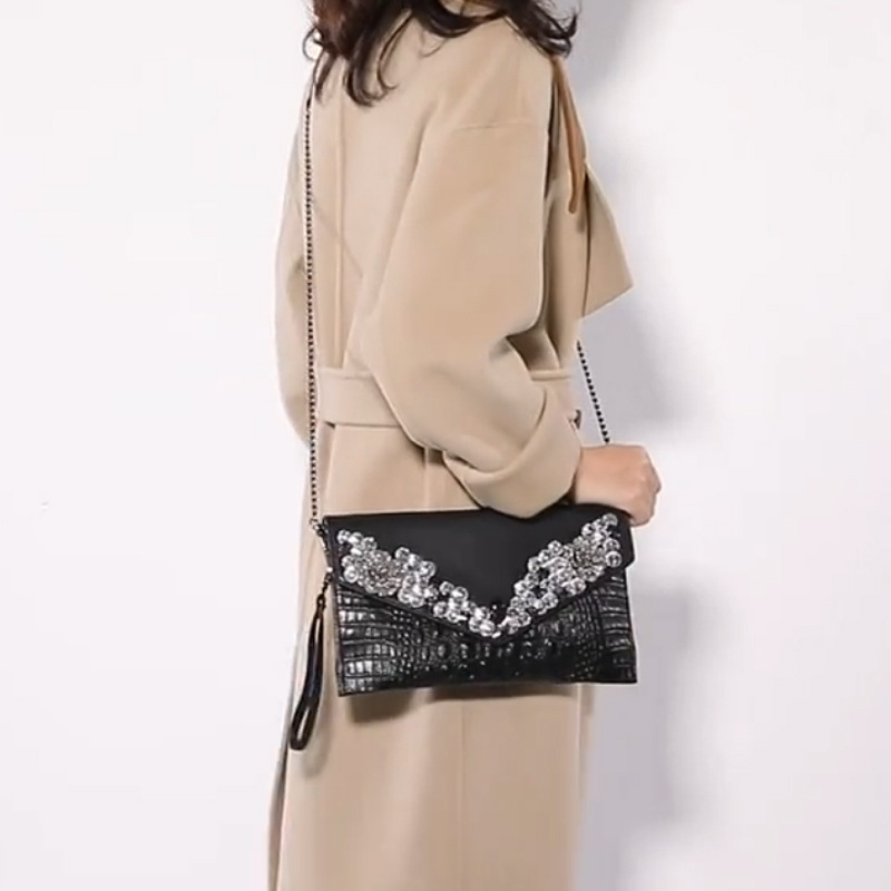2024 New Fashion Women's Genuine Leather Clutch Bag, Diamond-Encrusted Evening Bag For Parties And Formal Gowns - Thumbnail 4