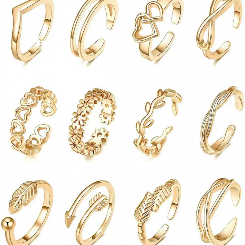 12-Piece Set of Retro Beach Foot Rings with Adjustable Opening, Personalized Cut Out Heart Women's Foot Rings, Yiwu Jewelry