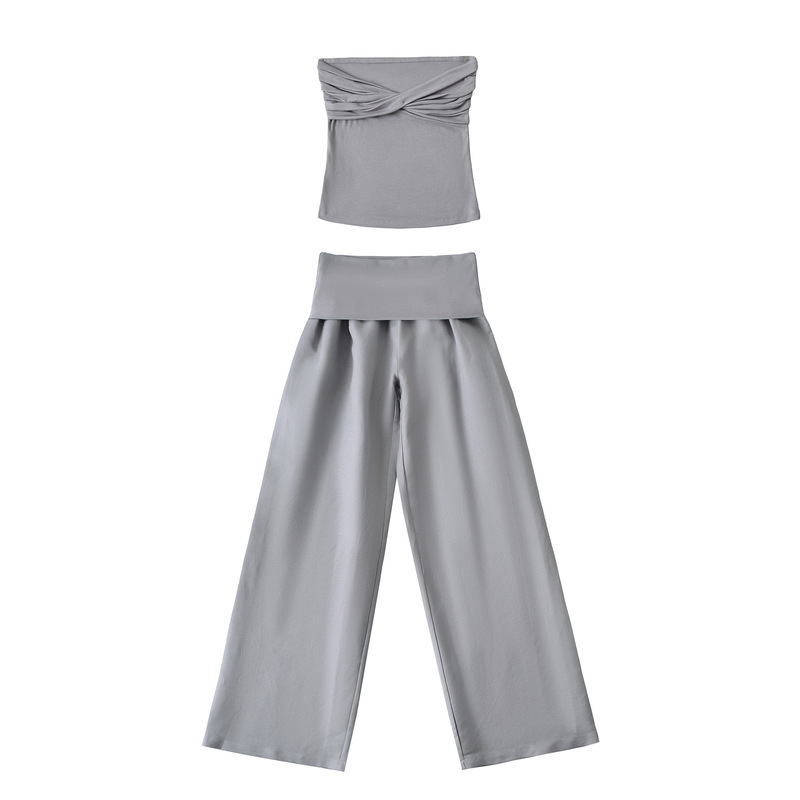 Tube Top Pants Suit for Women Summer Slim Twist Vest One Shoulder Top Knitted Cuffed Linen Casual Pants