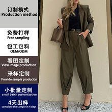 欧美跨境2025春秋女装时尚套装韩系气质长款单排扣西装长裤两件套