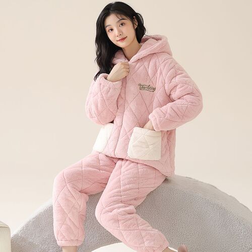 Zippered pajamas for women in autumn and winter flannel three-layer quilted thickened plus velvet warm and wearable home wear set