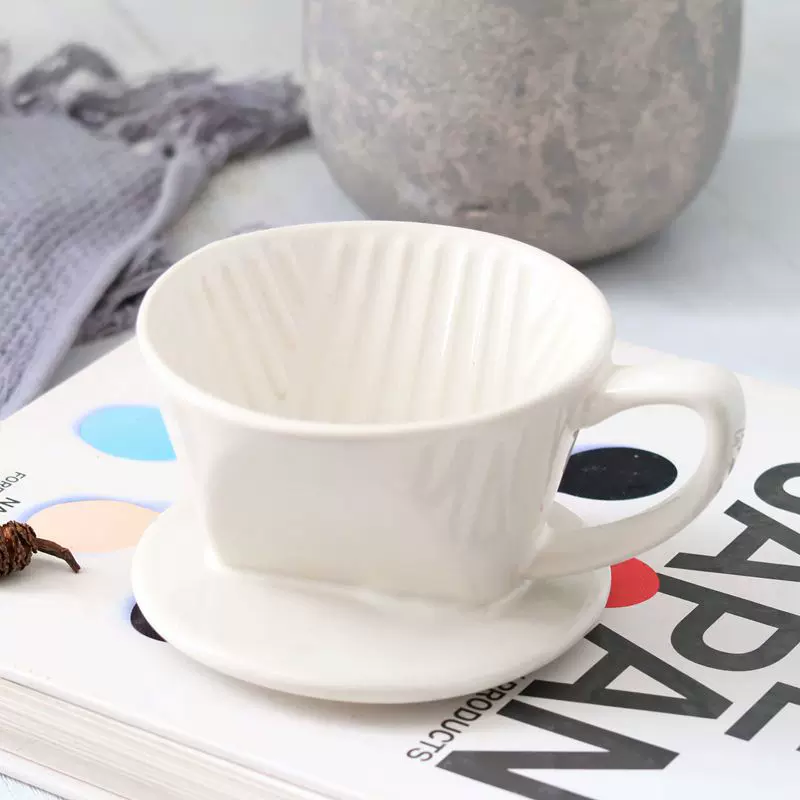 定制 滴漏式手冲咖啡过滤杯陶瓷三孔过滤器家用楔形扇形滤杯白色