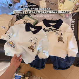 儿童加绒卫衣冬季POLO领卫衣男女童时尚运动上衣冬季童装玩偶卫衣