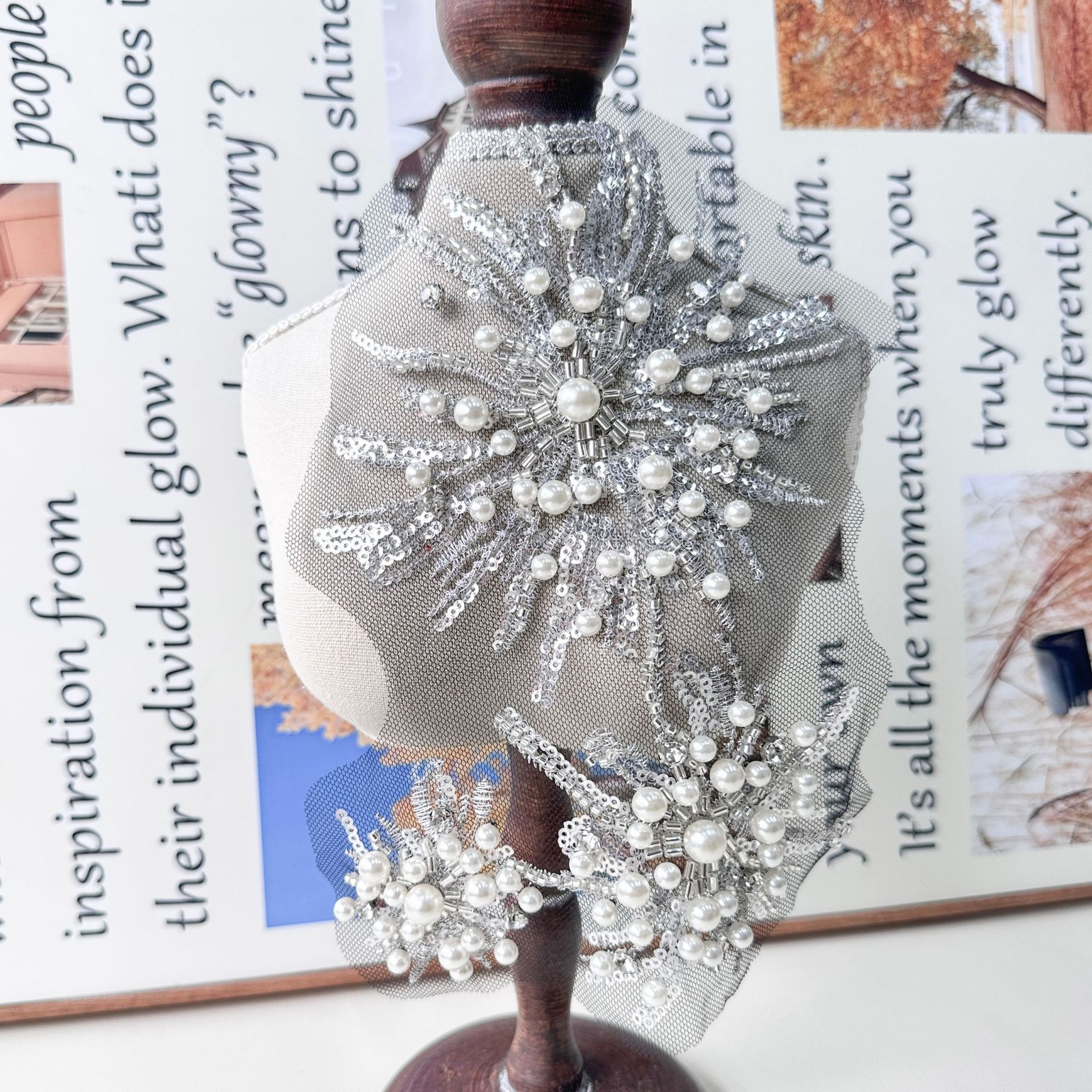 Industria pesada plata sequinilla perla tela de moda hecha a mano DIY ropa de mujer vestido camisa abrigo flores decorativas image 5