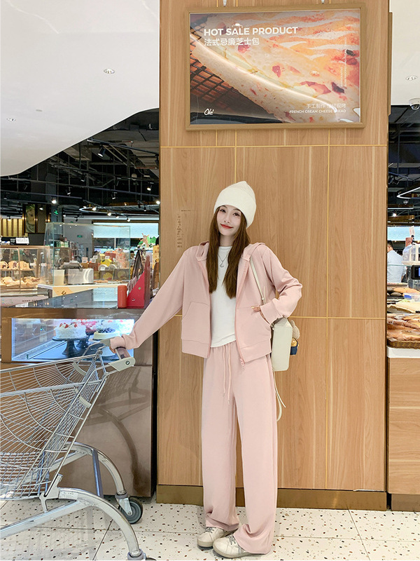 白色运动套装女2025秋季减龄正肩拉链卫衣休闲高腰宽松窄版阔腿裤|undefined
