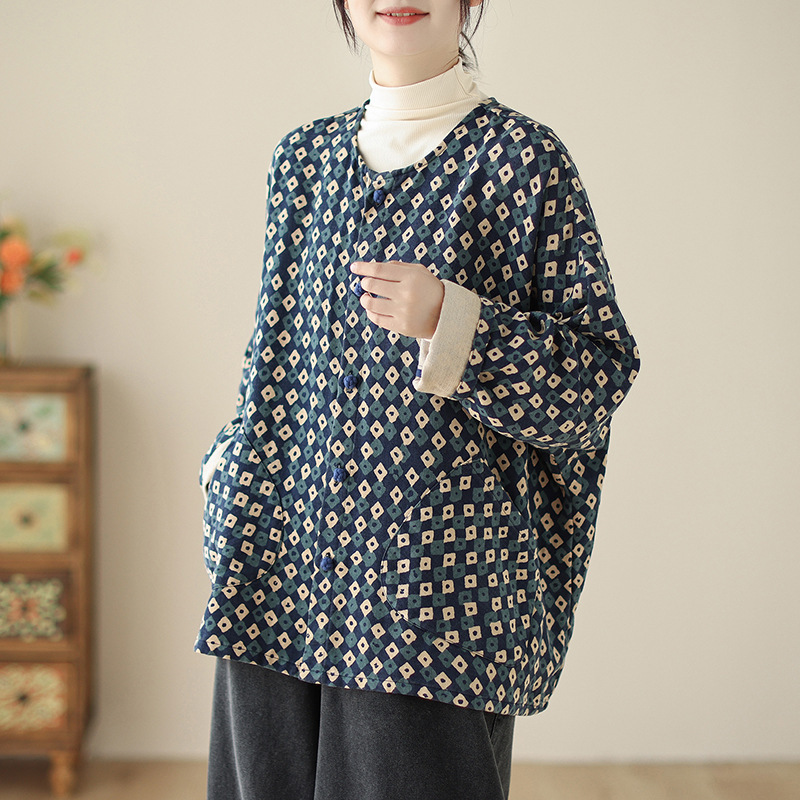 2025秋季棉麻女装复古唐装茶服圆领宽松蝙蝠袖盘扣上衣民族风外套|undefined