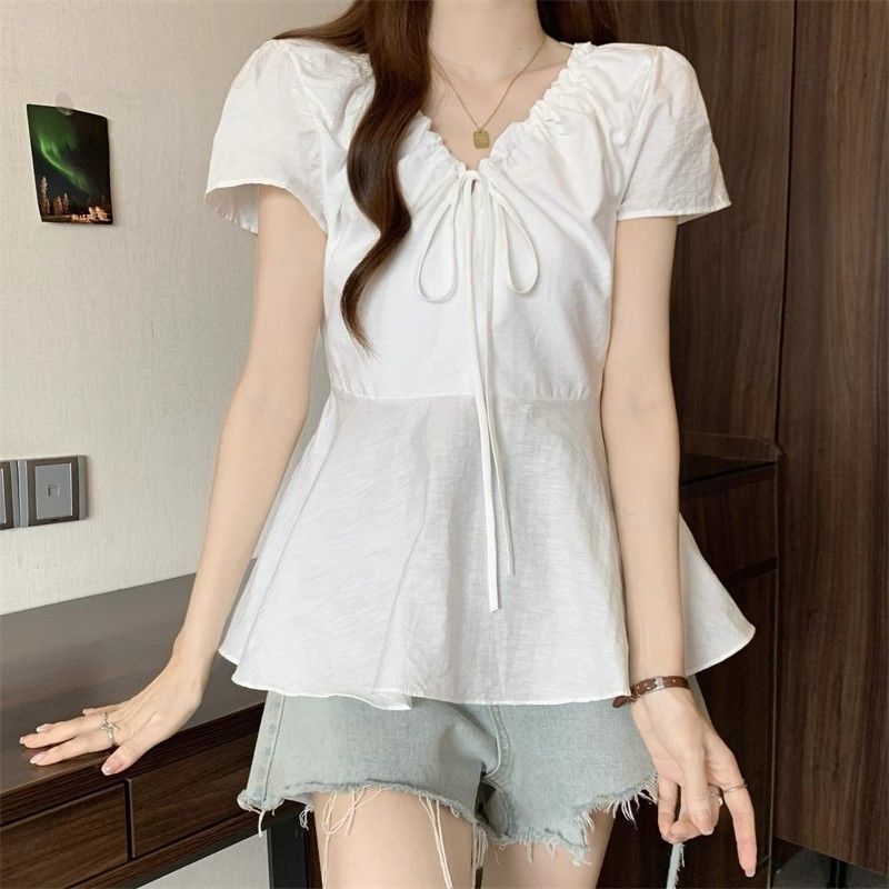 Wholesale Plus Size 100kg V-Neck Short Sleeve Shirt Summer Loose Waist Slimming Doll Top Puff Top for Women