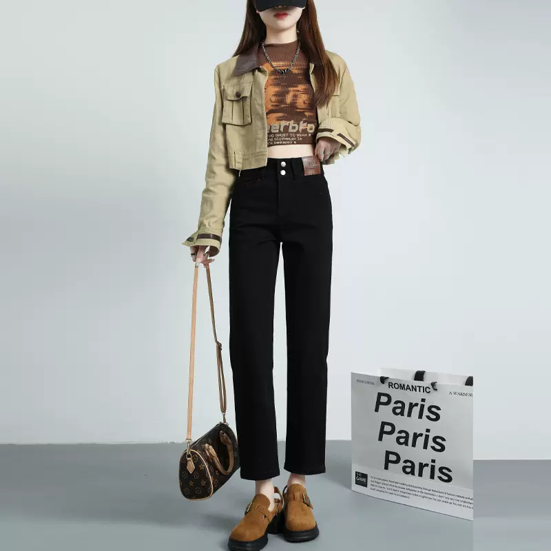 厂货通浅色窄版直筒牛仔裤女春秋高腰显瘦弹力烟管裤九分小个子新