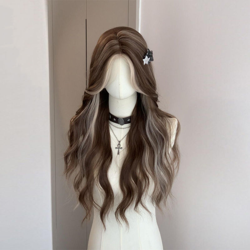 Kexiu Wig Small Lace American Asian Hottie Style Gray Gold Highlights Fashionable Long Curly Wig Full Headgear