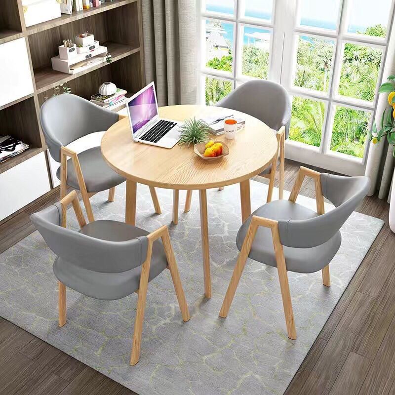 라이트 우드 컬러 데스크탑 + 라이트 그레이 가죽 일체형 A자 의자