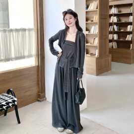 韩版开衫抹胸条纹套装女2026秋新款时尚休闲开衫阔腿裤显瘦三件套