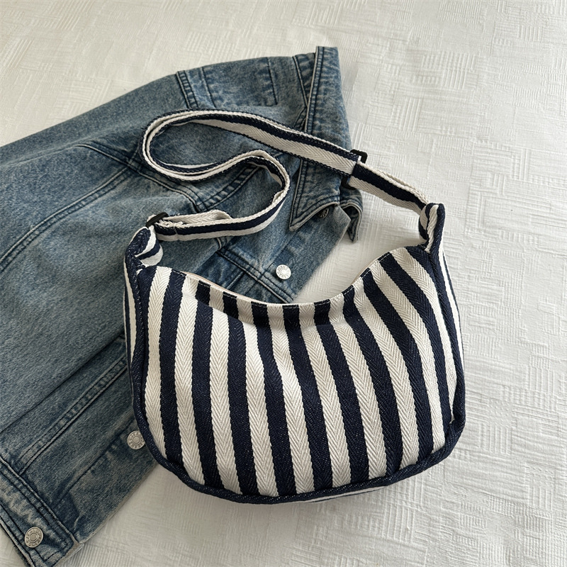 Bolso de mano coreano retro simple pequeño bolso de lona a rayas frescas, moda casual de gran capacidad bolso de hombro de mujer
