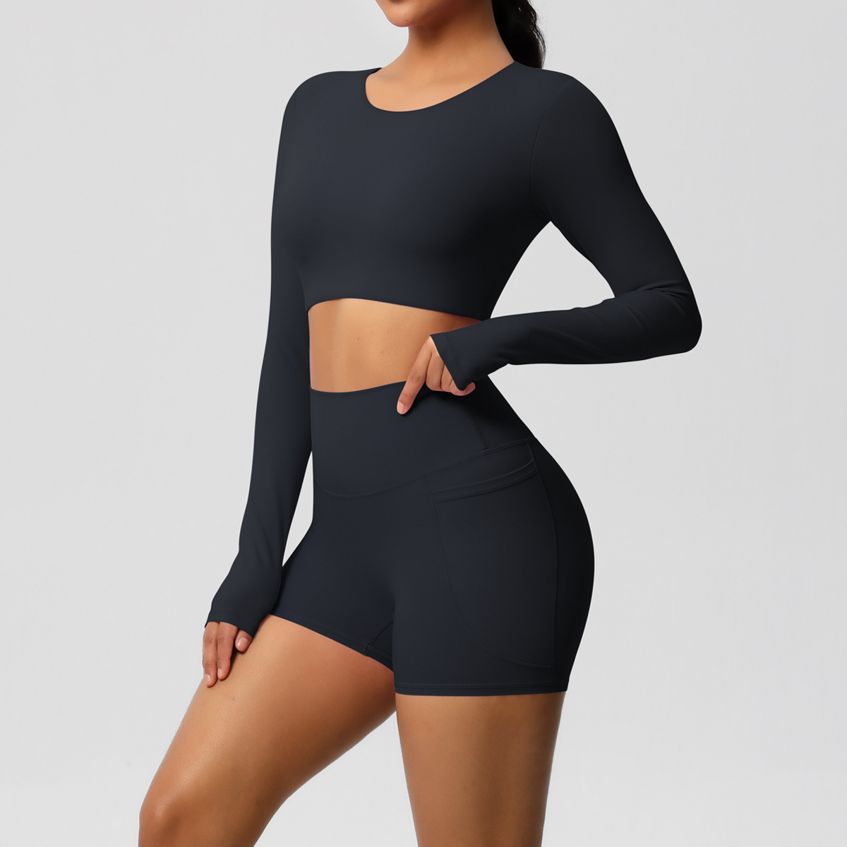 Transfronterizos europeos y estadounidenses de color sólido de doble cara nylon molido con peito conjunto de ropa deportiva de ejercicio de dos piezas conjunto de mujeres