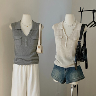 Wgwe Korean Style Lapel Fashion Versatile Foreign Style Sleeveless Vest Pullover Simple Knitted Vest Women's Vest W6089