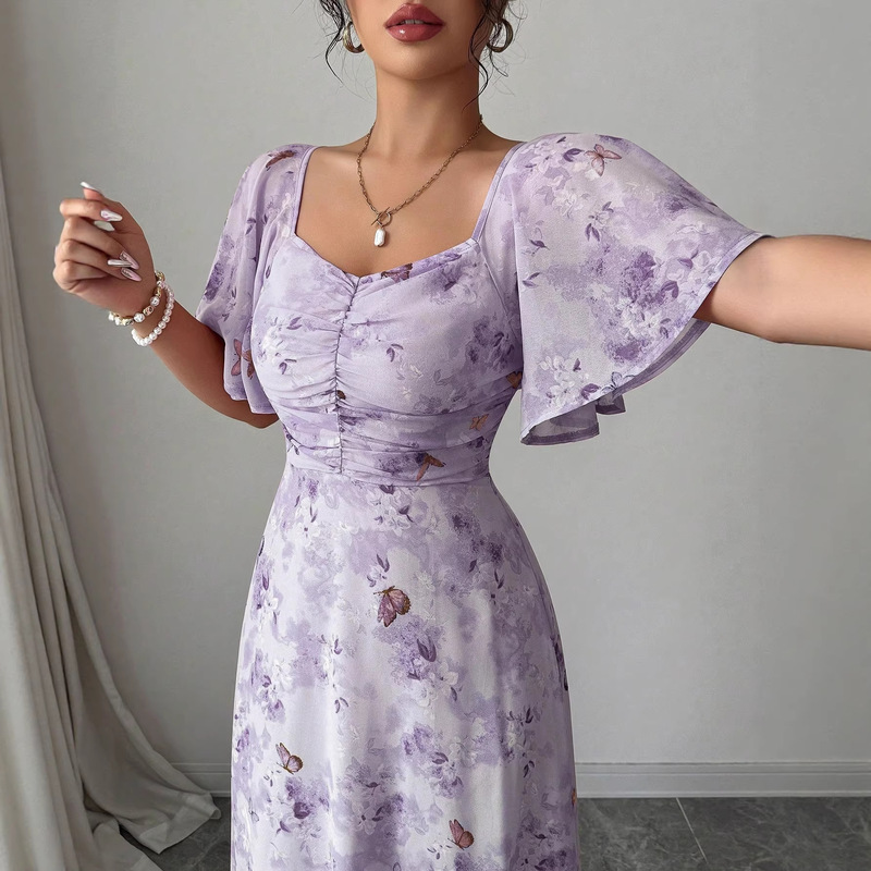 2026 Summer New Style European and American Amazon Cross-Border Foreign Trade Lotus Leaf Sleeve Printed Slim Fit Elegant Dress 2026 Summer New Style European and American Amazon Cross-Border Foreign Trade Lotus Leaf Sleeve Printed Slim Fit Elegant Dress