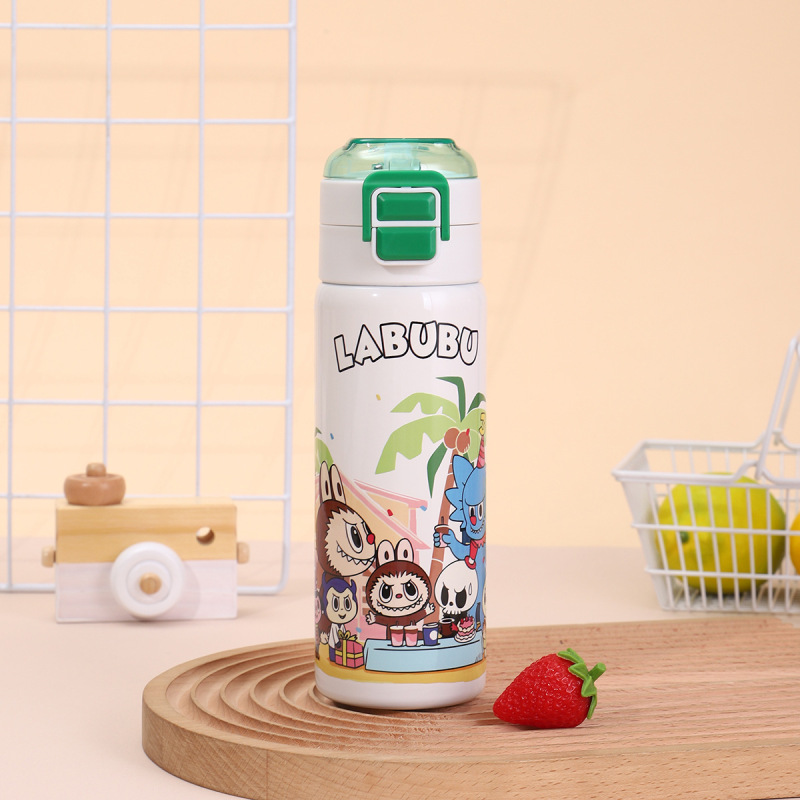 人気の漫画 Labubu ストローダブルドリンクカップバウンスポータブル子供用魔法瓶カップ屋外付属スポーツウォーターカップ|undefined