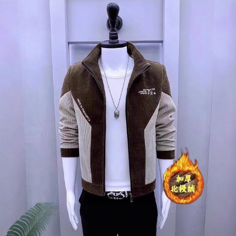 New Spring and Autumn Jacket Korean Style Slim Fit Stand Collar Splicing Thickened Corduroy Jacket Men's Trendy Casual Men's