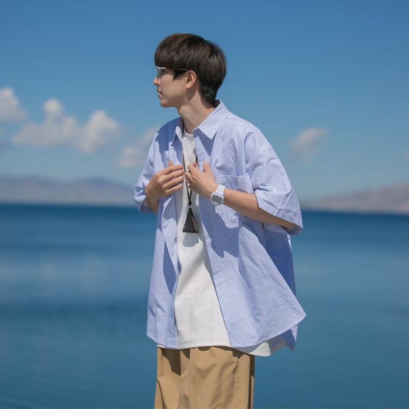 Summer New Striped Short-sleeved Shirt Men's Japanese Style Retro Ins Trendy Hong Kong Style Loose Half-sleeved Shirt Summer New Striped Short-sleeved Shirt Men's Japanese Style Retro Ins Trendy Hong Kong Style Loose Half-sleeved Shirt