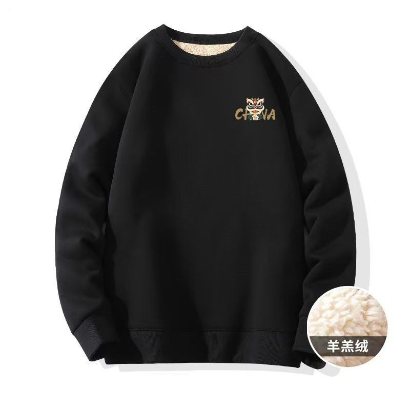 Men's Lambskin Sweater Crewneck fleece-lined Thickened Pullover All-match Winter Men's Warm Base Shirt 1/2