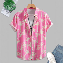休闲男装粉红椰子树男士短袖衬衫男式衬衣夏季2025新款夏威夷度假