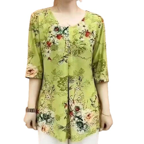 2025 Spring Summer Kun Mom Printed Women's Top Loose Matchy Matchy Middle-Aged Base Shirt Top
