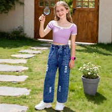 工厂-牛仔阔腿裤宽松洋气直筒裤破洞长裤女大童搭薄款小吊带纯色