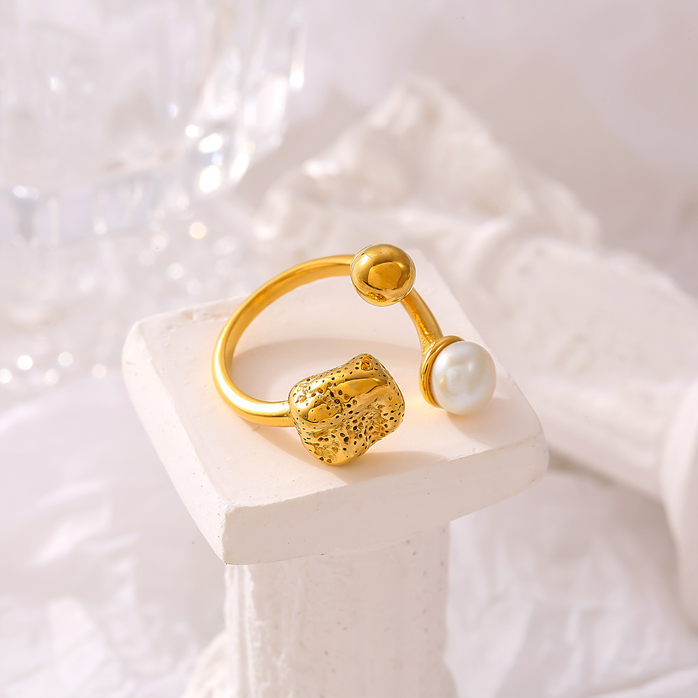 Square Sugar Titanium Steel Open Mouth Imitation Pearl Ring Smooth Ball Shaped Personalized Ring_voghion.com