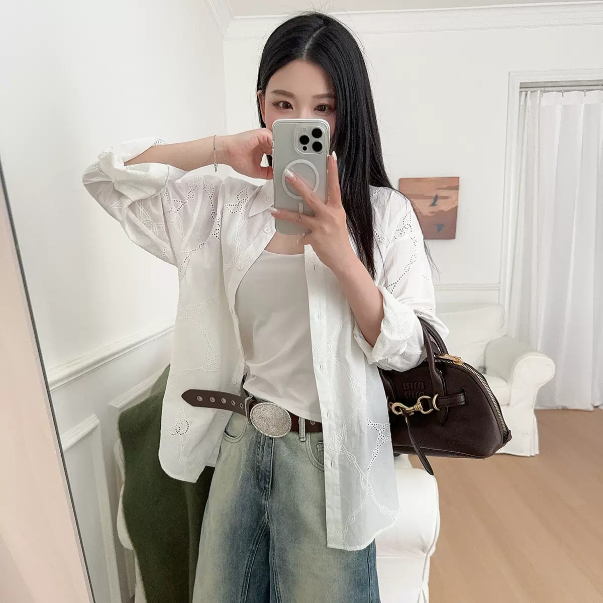 SW纯棉白色绣花衬衫女25秋季新款宽松气质白衬衣透气上衣