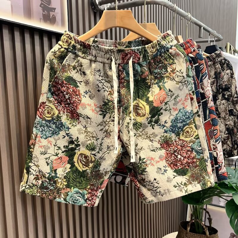 2025 New Arrival Painted Rose Shorts Men's Summer Distinctive Floral Beach Pants Fashion Printed Casual Pants