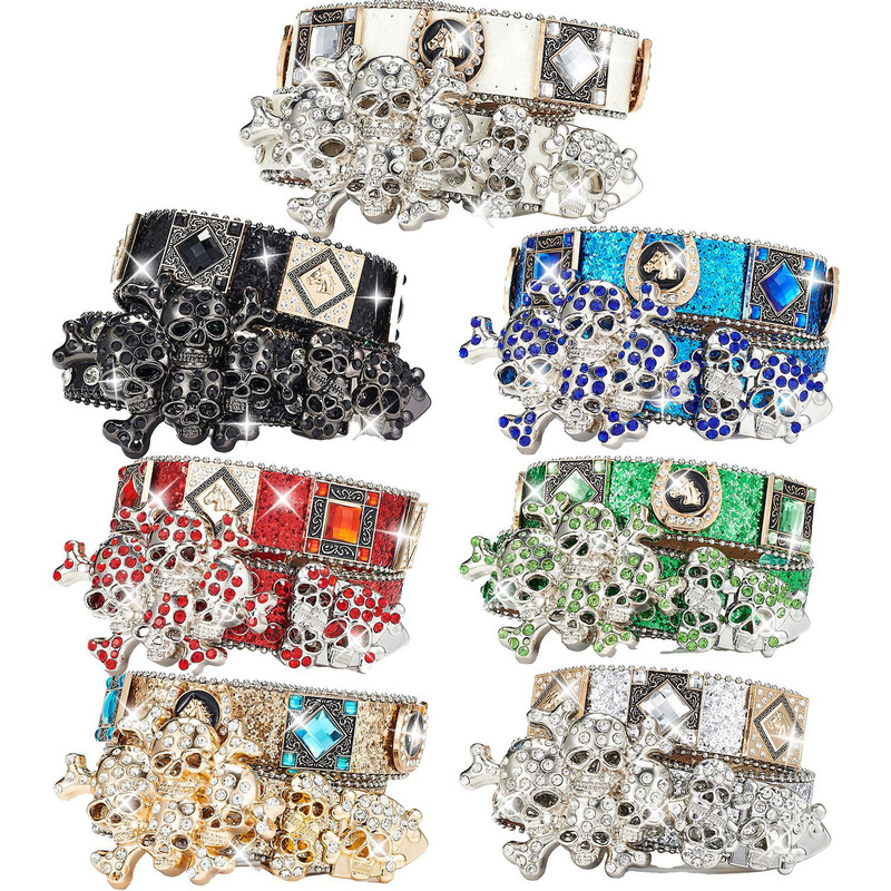 Popular Belt with Small Ghost Head Accessories, European and American Style Punk Belt with Ghost Face Inlaid with Rhinestones and Sequins, Rock Fashion Popular Belt with Small Ghost Head Accessories, European and American Style Punk Belt with Ghost Face Inlaid with Rhinestones and Sequins, Rock Fashion