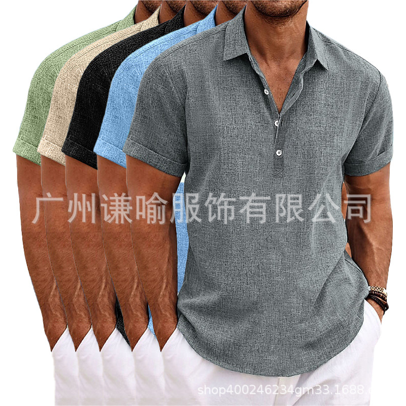 2023 Amazon eBay Comercio exterior nuevos hombres más tamaño camisa de color sólido algodón Lino solapa manga corta Camisa casual hombres