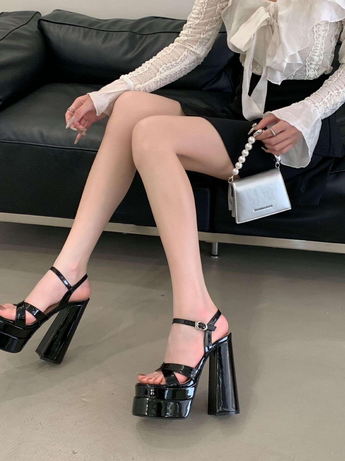 Sandal nữ cao gót đế xuồng platform mũi vuông thời trang — đen chi tiết 21