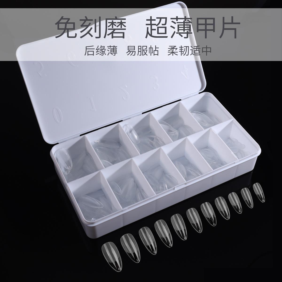 Amazon porcelana caja blanca esmalte de uñas ultra-delgada sin costuras esmerilado gota de agua larga almendra tallado libre esmalte de uñas 550 piezas/caja