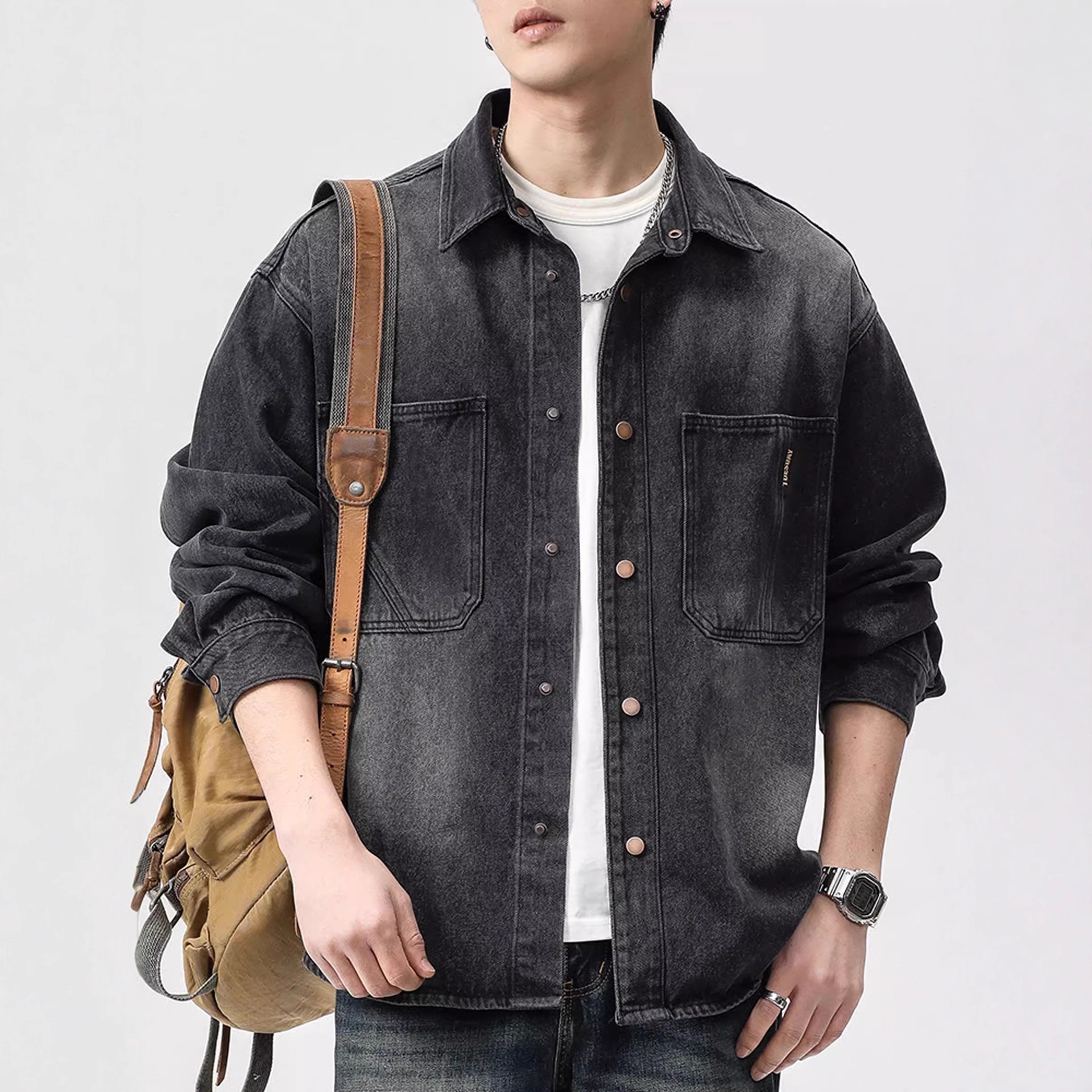 Workwear Denim Jacket Men's Spring Autumn New Long Sleeved Shirt Trendy Brand Retro Denim Jacket Men_voghion.com