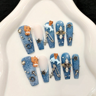 [Denim Cat] Distressed Denim Style Sexy Black Leather Cat Long Handmade Wearable Nail Art Patch