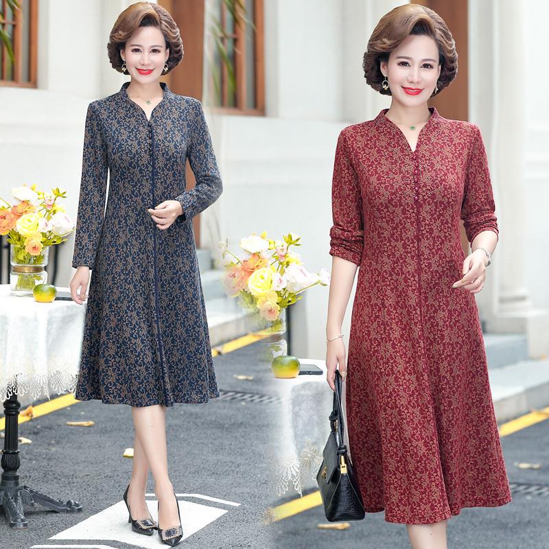 2025 Spring and Autum Middle-Aged and Elderly Women's Mid-Length Mother's Long-Sleeved Dress Wedding Banquet Belly-Covering Skirt Trendy 2025 Spring and Autum Middle-Aged and Elderly Women's Mid-Length Mother's Long-Sleeved Dress Wedding Banquet Belly-Covering Skirt Trendy