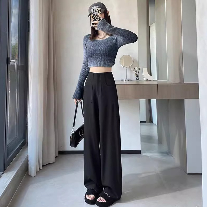 Negro de cintura alta versión estrecha traje pantalones de piernas anchas para mujeres 2024 otoño nuevos pantalones casuales rectos y delgados