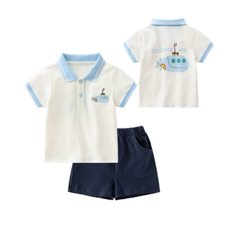 男童欧美夏季学院风短袖两件套装婴幼儿上衣服宝宝POLO领衬衫外贸