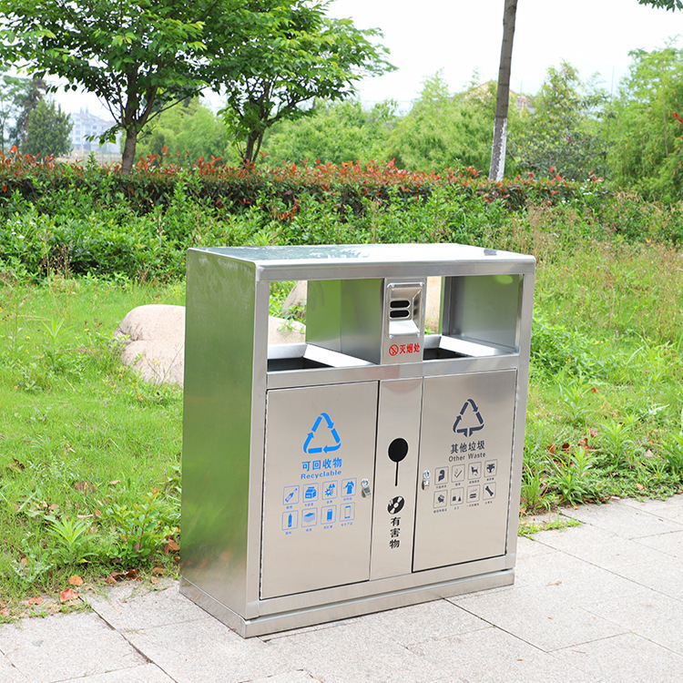 Trash Can Outdoor Stainless Steel Sanitation Double Classification Community Steel Wood Peel Box Steel Trash Can Park Trash Can
