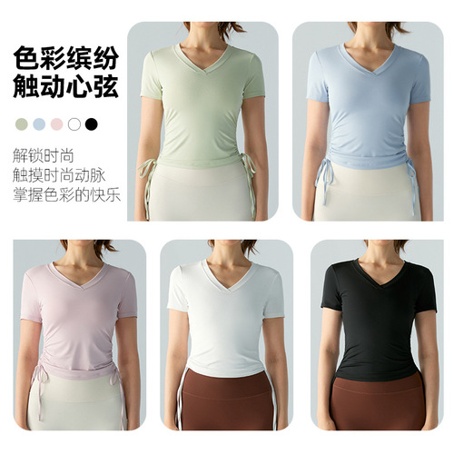 Ningbo Big Tree Sport T-shirt Spring and Summer Pleated Waistband Casual Top Women's Comfortable Slimming Yoga Wear Short Sleeve 