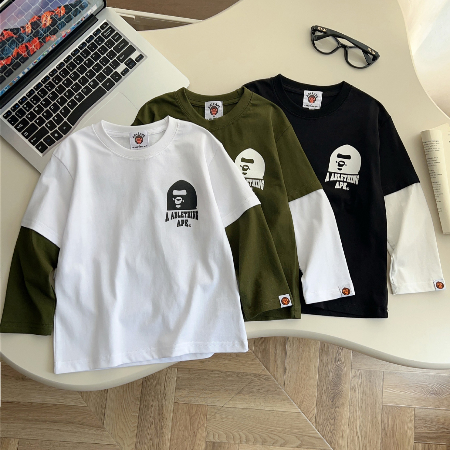 2026 Autumn New Children's Long-Sleeved T-Shirt Cartoon Print Round Neck Cotton Korean Style Casual Faux Two-Piece Base Layer Shirt