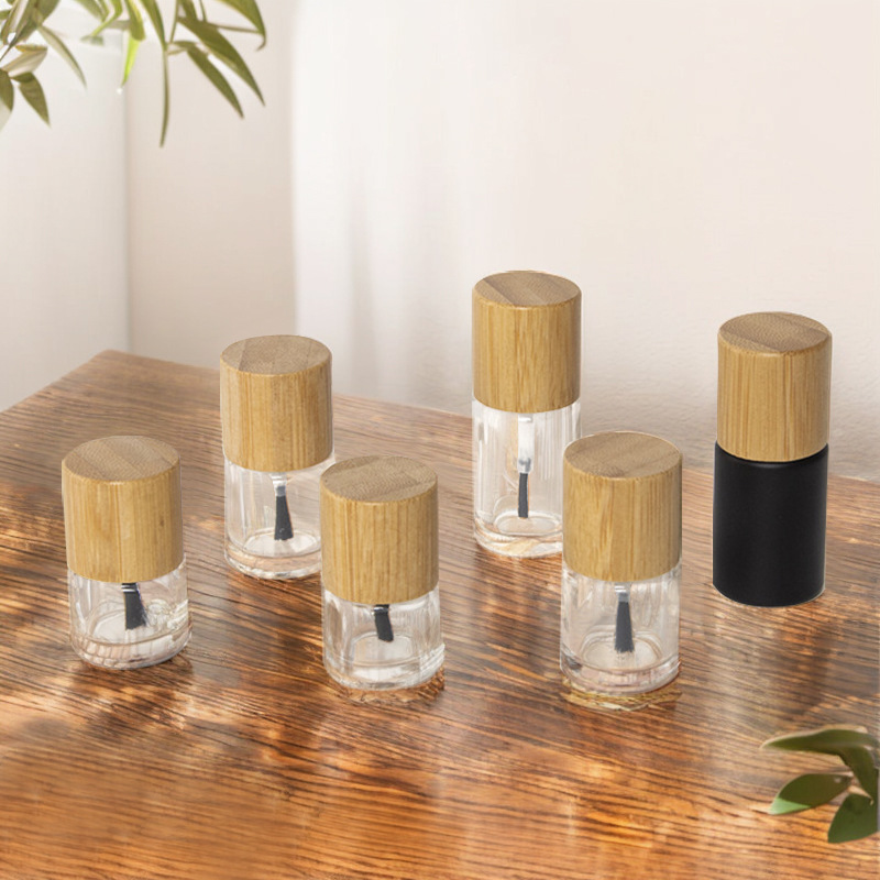 圆柱竹盖子指甲油瓶带毛刷美甲玻璃瓶竹盖指甲油瓶璃毛刷瓶分装瓶