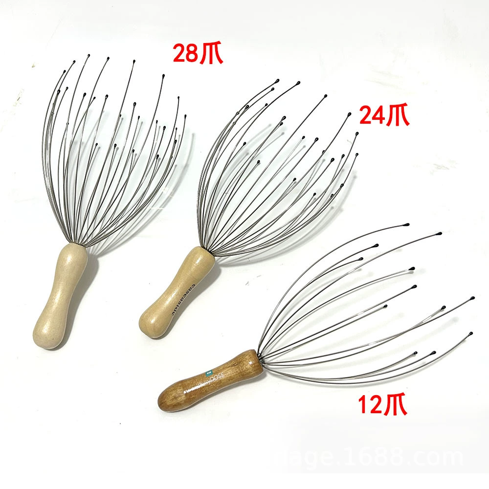 Массажер для головы с 28 и 24 когтями, деревянная ручка из массива дерева, массажная голова осьминога для кожи головы, деревянная ручка с 12 когтями, фиксированный логотип