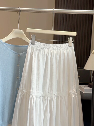 Bow tie white cake skirt with fungus edge for women 2026 spring new style a-line loose slimming mid-length dress