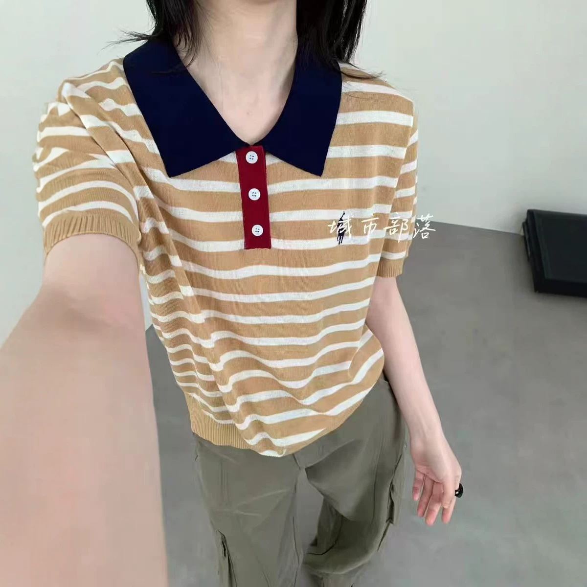 不退换燕3059韩系休闲撞色条纹POLO领短袖天丝亚麻针织衫女