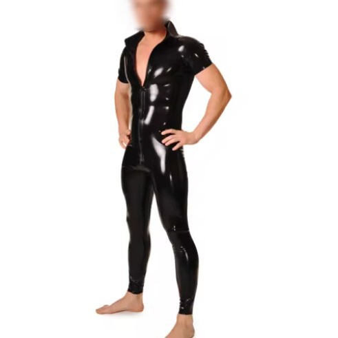 Latex Catsuit Men Half Sleeve Catsuit Front Open Wrap Crotch Zipper Bodysuit Gummi