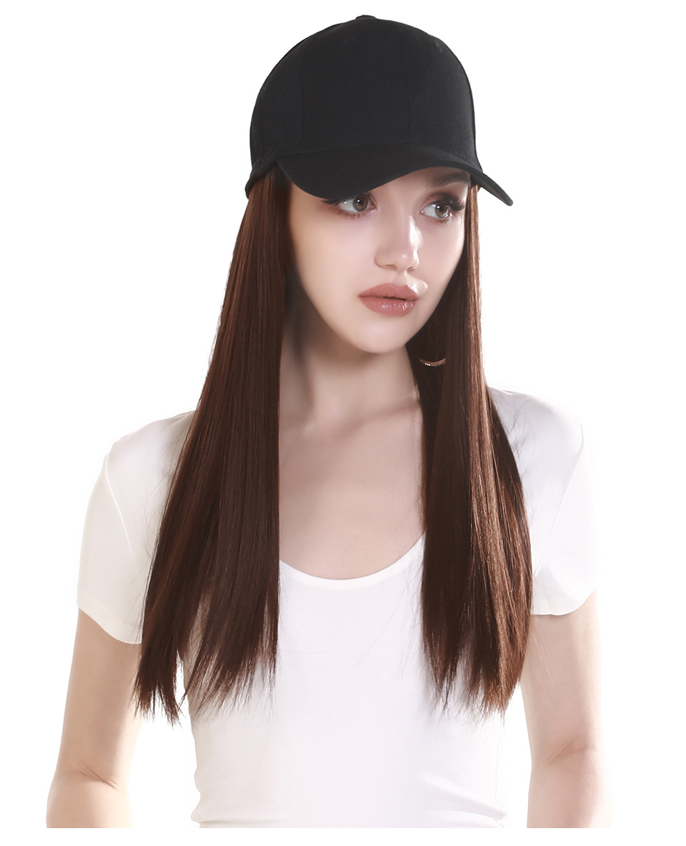Perruque Synthétique Femme Une pièce Cheveux Longs Raides Fibre Chimique Baseball Perruque Chapeau Naturel Tête Complète Ensemble_voghion.com