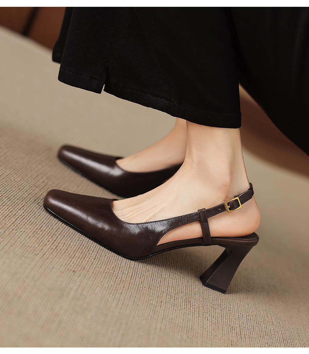Sandal nữ cao gót 6,5 cm mũi hở quai khóa da bò — màu nâu chi tiết 23