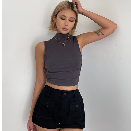 Summer new hot girl vest half high collar sleeveless slim waist sexy pleated slimming base T-shirt top trend