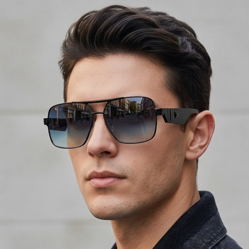 New European and American Style Cross-Border Double-Bridge Square Frame Men's Sunglasses with a High-End Feel, Wide-Leg Design for Women, Uv Protection Sunglasses